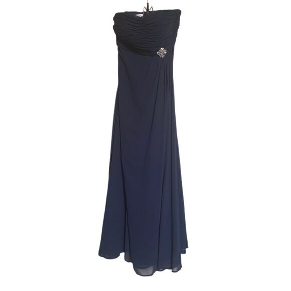 Mori Lee Bridesmaids Dress 686 Chiffon w Beaded Brooch Size 10 Navy Blue - Picture 2 of 7
